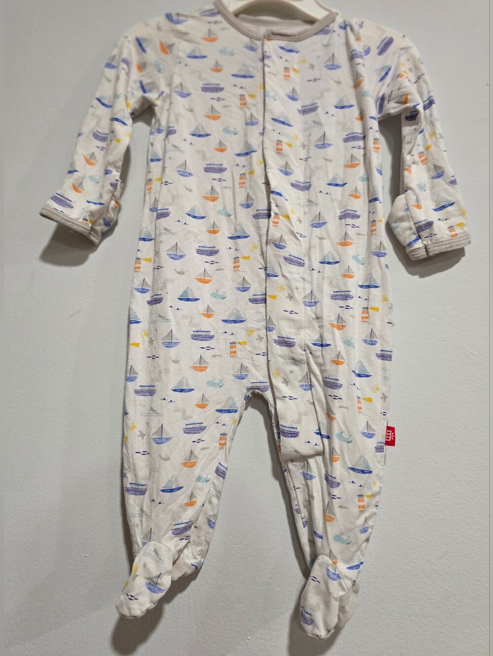 Magnetic Me White Footed Pajamas with Blue and Orange Boat Print